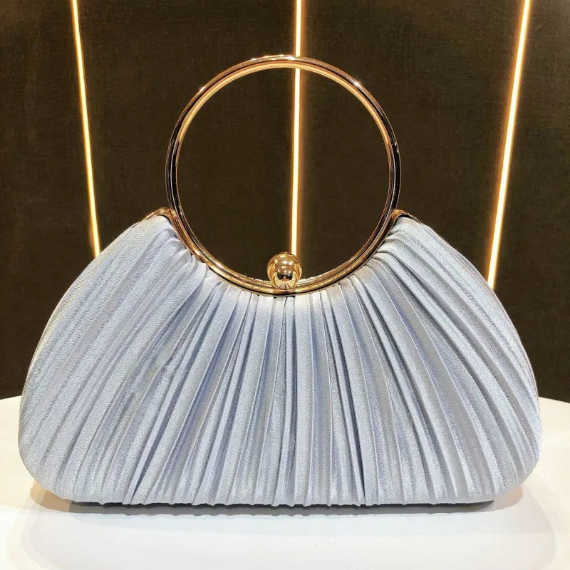 Evening Clutch Bag for Women – Satin Pleated Purse with Ring Handle