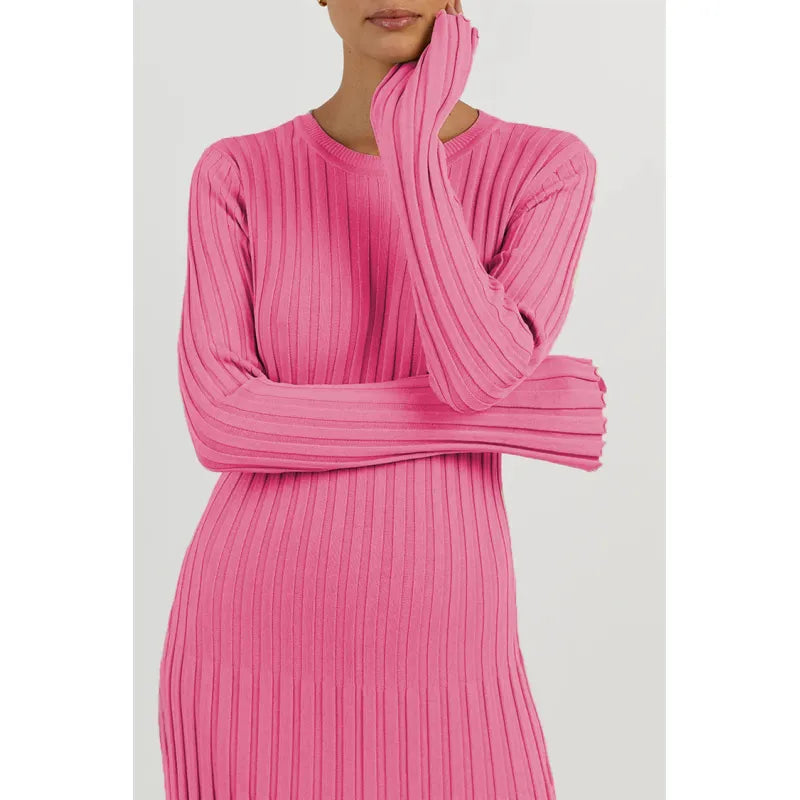 Ribbed Knit Maxi Dress for Women – A-Line, High Waist, Long Sleeve