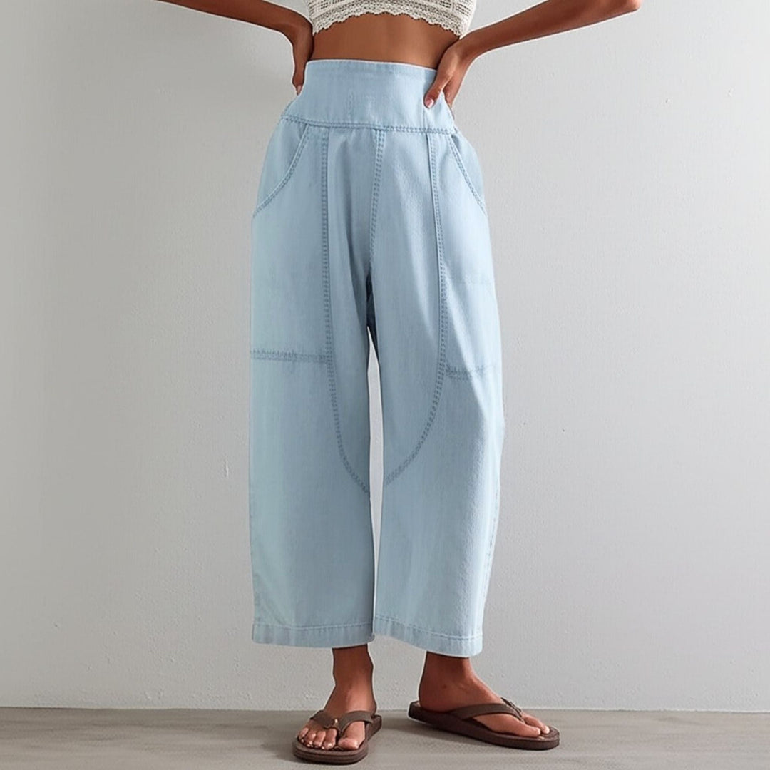 Wide Leg Harem Pants in Cotton-Linen Blend with Washed Denim Look and Curved Seam Design