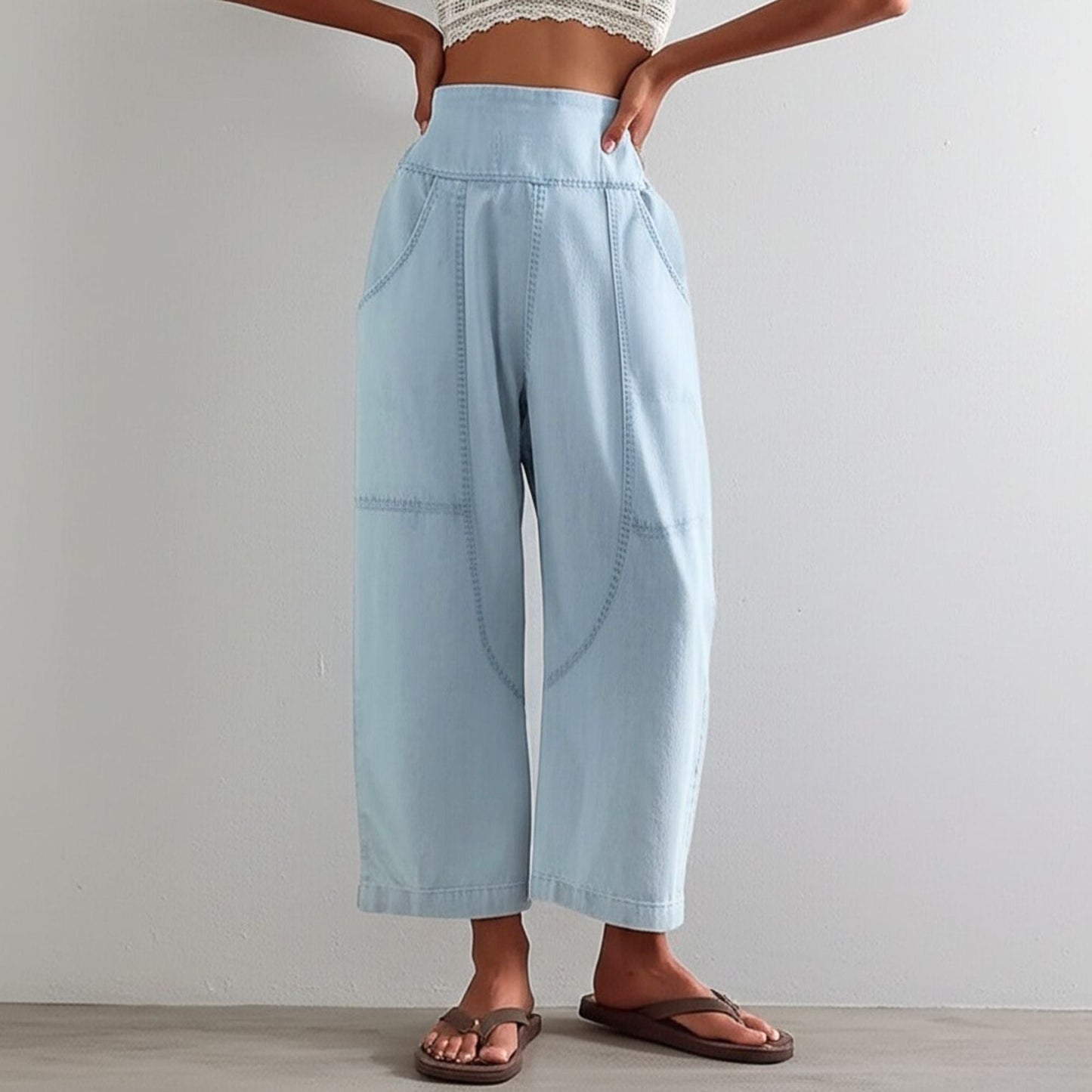 Wide Leg Harem Pants in Cotton-Linen Blend with Washed Denim Look and Curved Seam Design