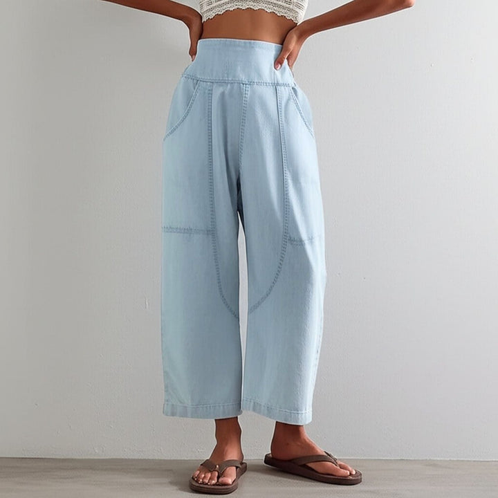 Wide Leg Harem Pants in Cotton-Linen Blend with Washed Denim Look and Curved Seam Design