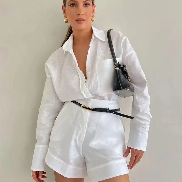 Two-Piece Resort Set in 100% Cotton with Relaxed Button-Up Shirt and Cuffed Shorts