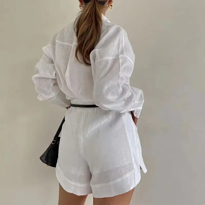 Two-Piece Resort Set in 100% Cotton with Relaxed Button-Up Shirt and Cuffed Shorts