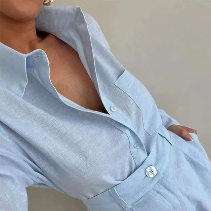 Two-Piece Resort Set in 100% Cotton with Relaxed Button-Up Shirt and Cuffed Shorts