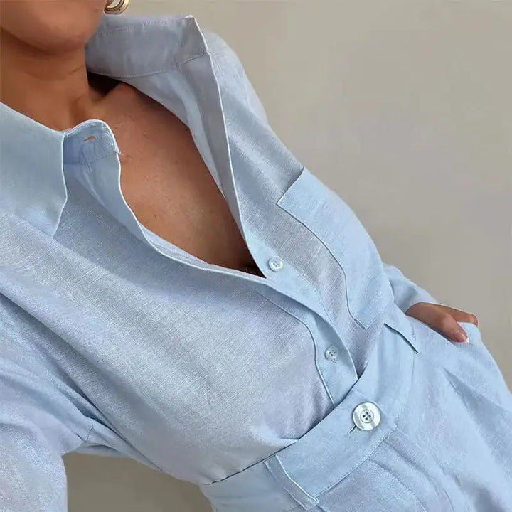 Two-Piece Resort Set in 100% Cotton with Relaxed Button-Up Shirt and Cuffed Shorts
