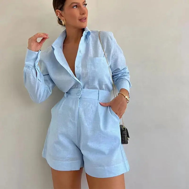 Two-Piece Resort Set in 100% Cotton with Relaxed Button-Up Shirt and Cuffed Shorts