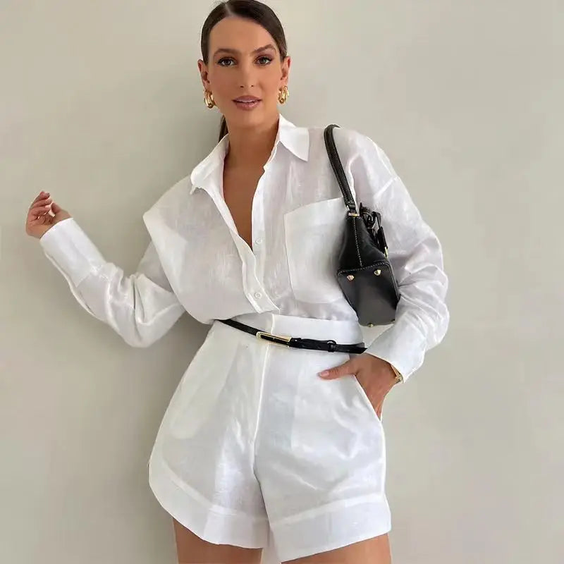 Two-Piece Resort Set in 100% Cotton with Relaxed Button-Up Shirt and Cuffed Shorts