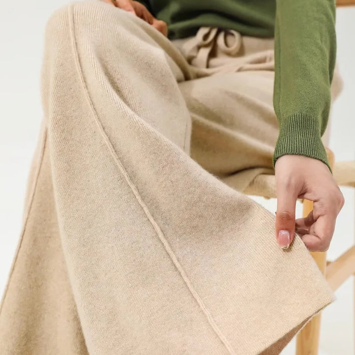 Wide-Leg Merino Wool Trousers with High-Waist Elastic Drawstring Waistband