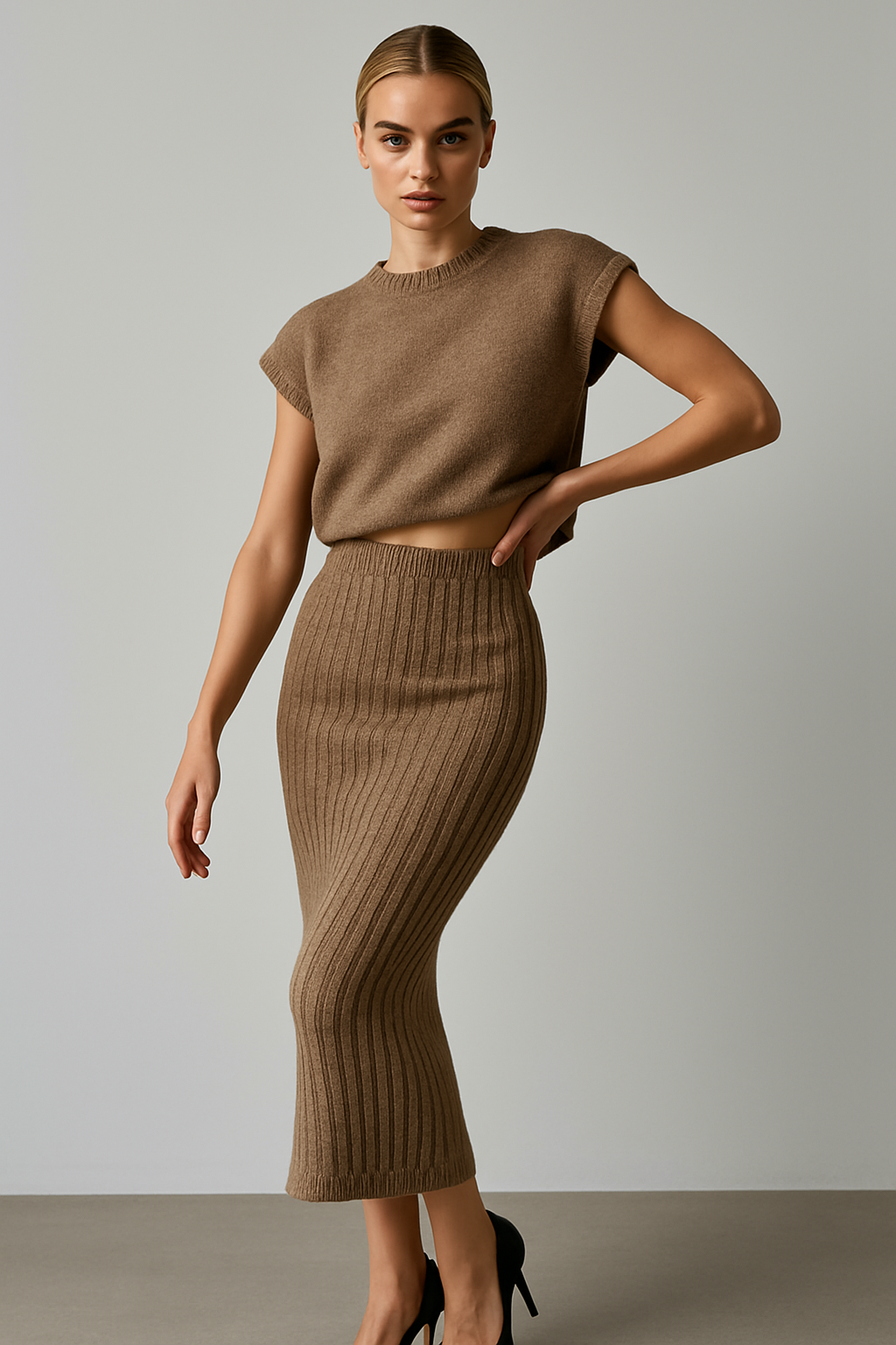 Ribbed Sleeveless Two-Piece Knit Set with Fitted Stretch Silhouette in Soft Gray