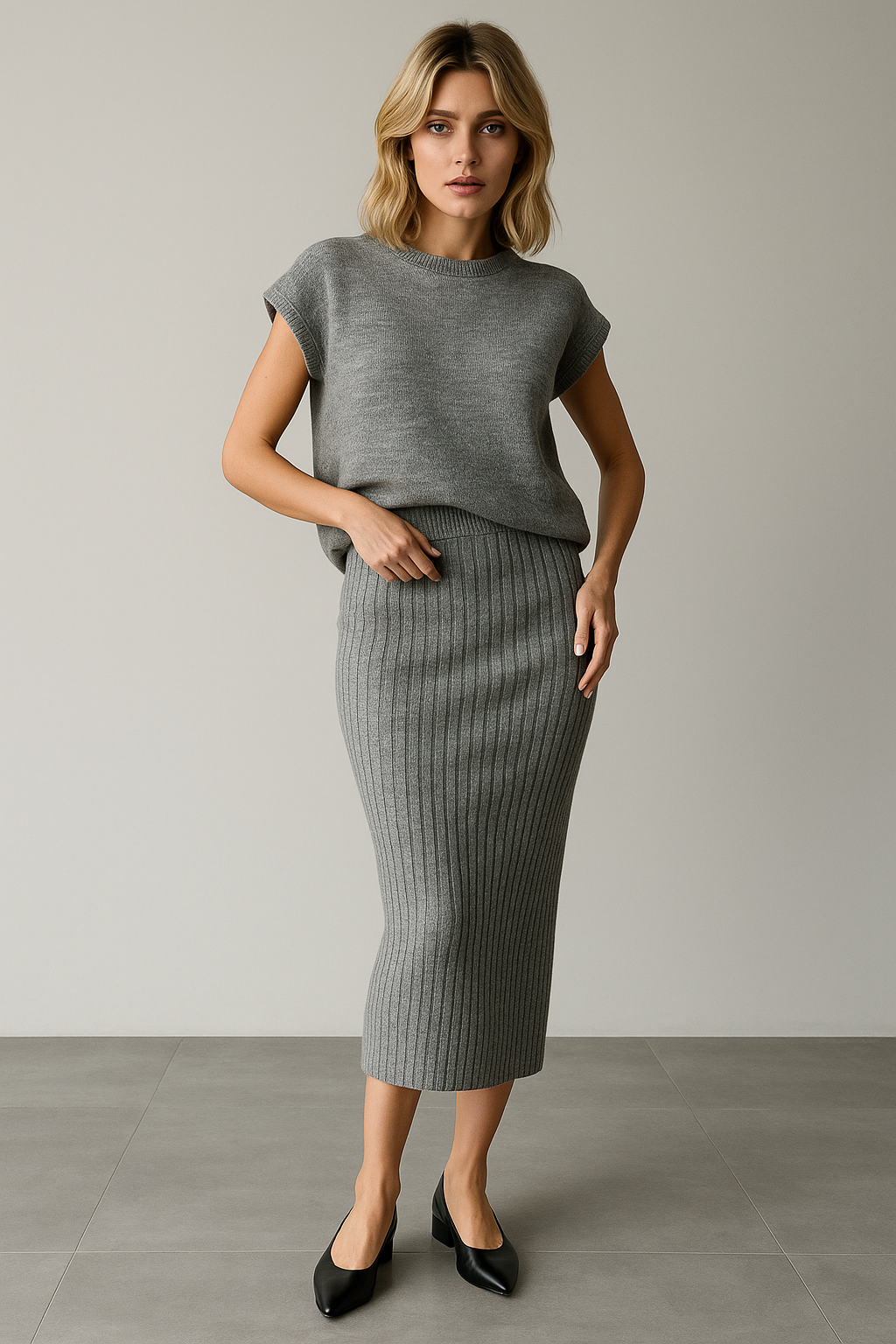 Ribbed Sleeveless Two-Piece Knit Set with Fitted Stretch Silhouette in Soft Gray