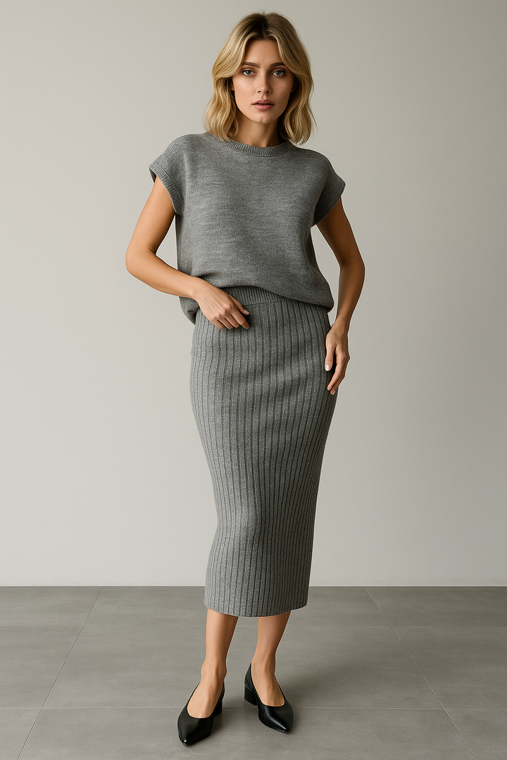 Ribbed Sleeveless Two-Piece Knit Set with Fitted Stretch Silhouette in Soft Gray