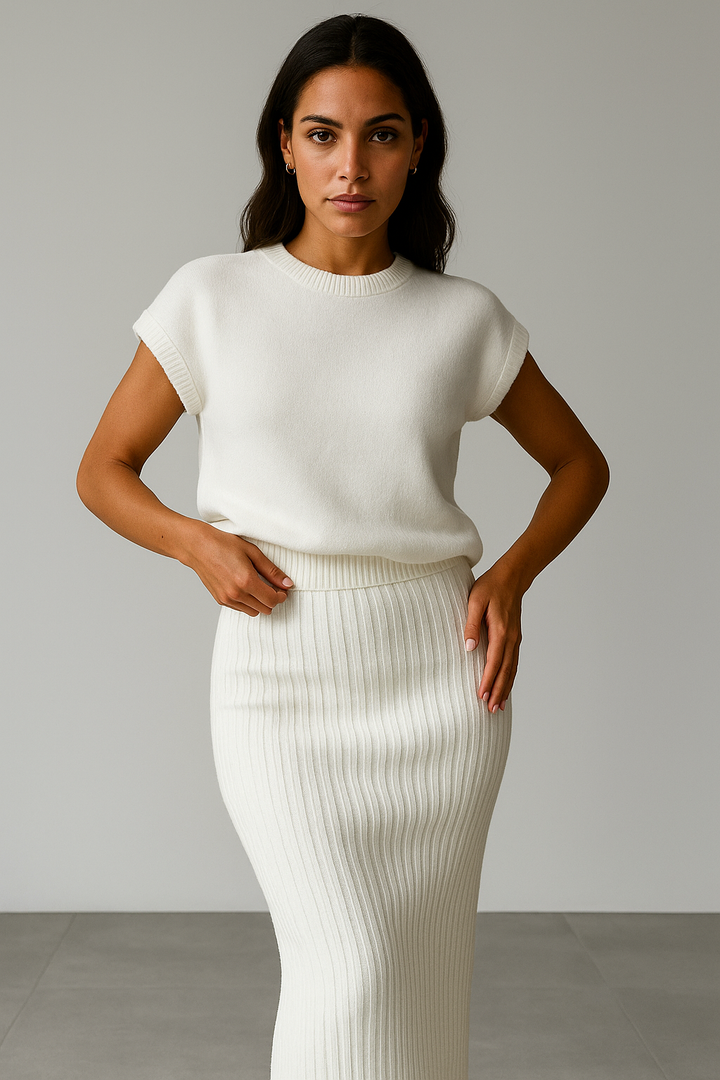 Ribbed Sleeveless Two-Piece Knit Set with Fitted Stretch Silhouette in Soft Gray