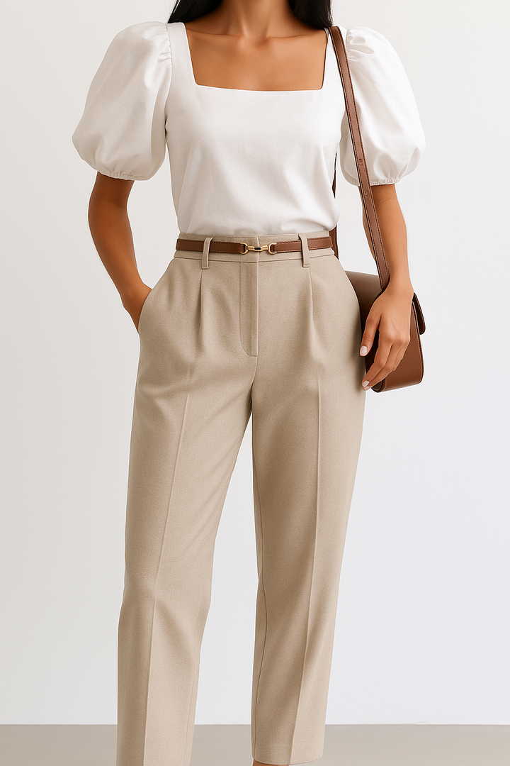 Wide Leg Wool Blend Trousers with High-Waist Fit, Tailored Crease, and Matching Belt