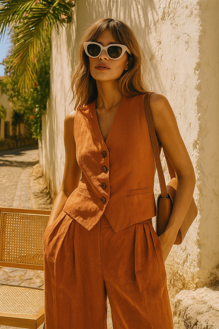 Linen Trouser Set with Buttoned Vest Top and Wide-Leg Pleated Trousers, Two-Piece Design