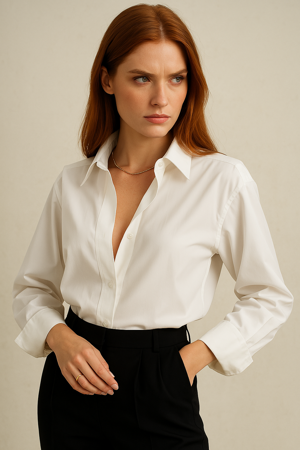 Button-Up Blouse in Crisp White Organic Cotton with Sharp Collar and Voluminous Sleeves