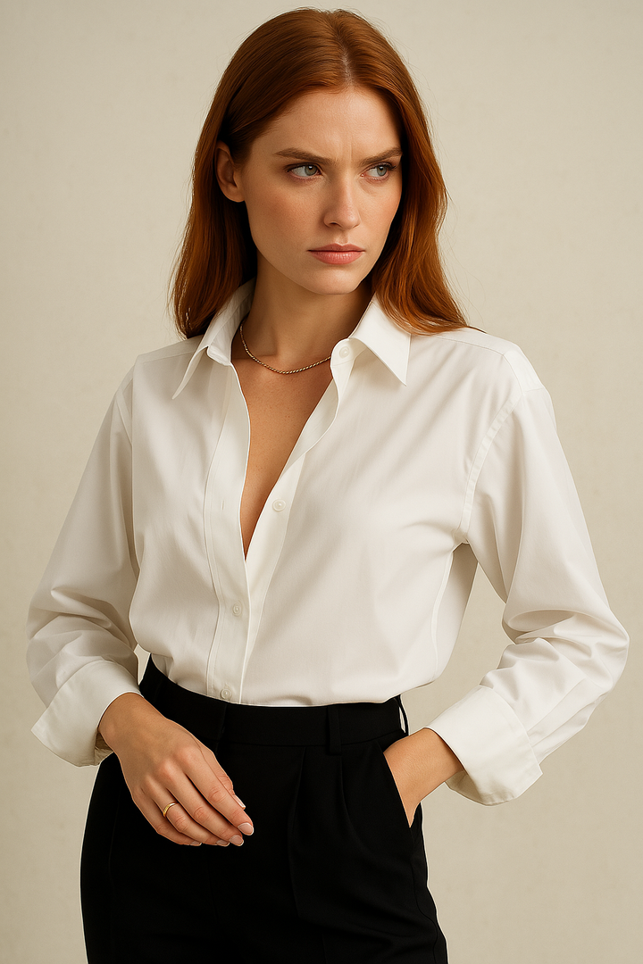 Button-Up Blouse in Crisp White Organic Cotton with Sharp Collar and Voluminous Sleeves