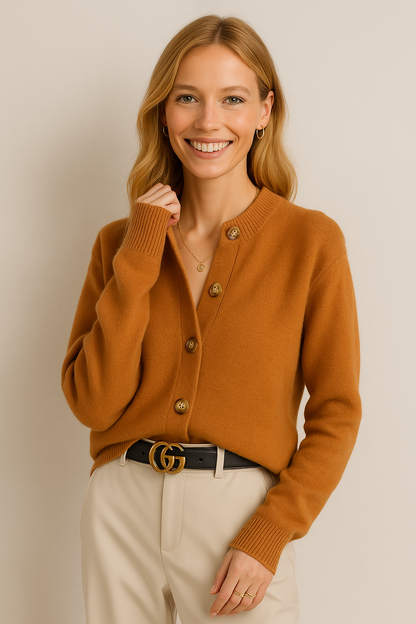 Cardigan in Cashmere Wool Blend with Statement Buttons and Flattering Half-High Neckline