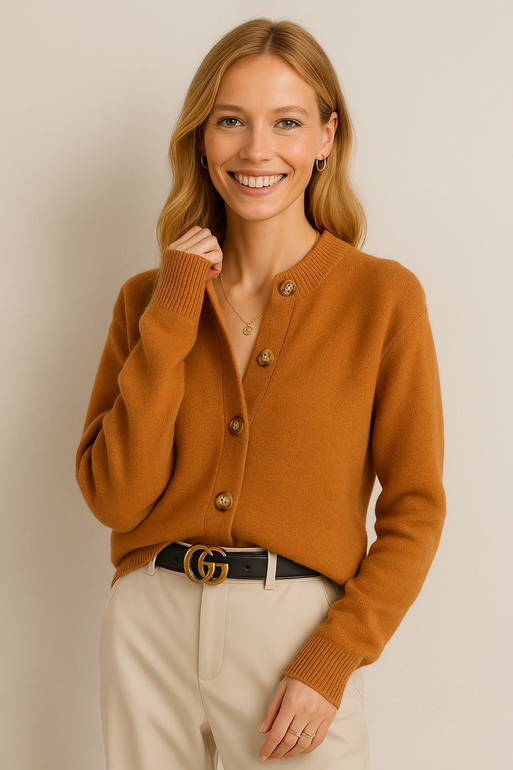 Cardigan in Cashmere Wool Blend with Statement Buttons and Flattering Half-High Neckline