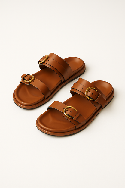 Slide Sandals in Smooth Leather with Adjustable Double Buckle Straps and Flexible Sole