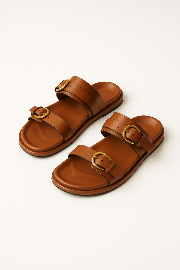 Slide Sandals in Smooth Leather with Adjustable Double Buckle Straps and Flexible Sole