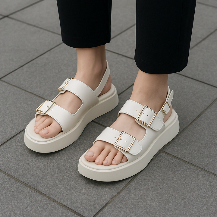 Platform Sandal in Ivory Vegan Leather with Double Buckle Straps and Built-In Supportive Insole