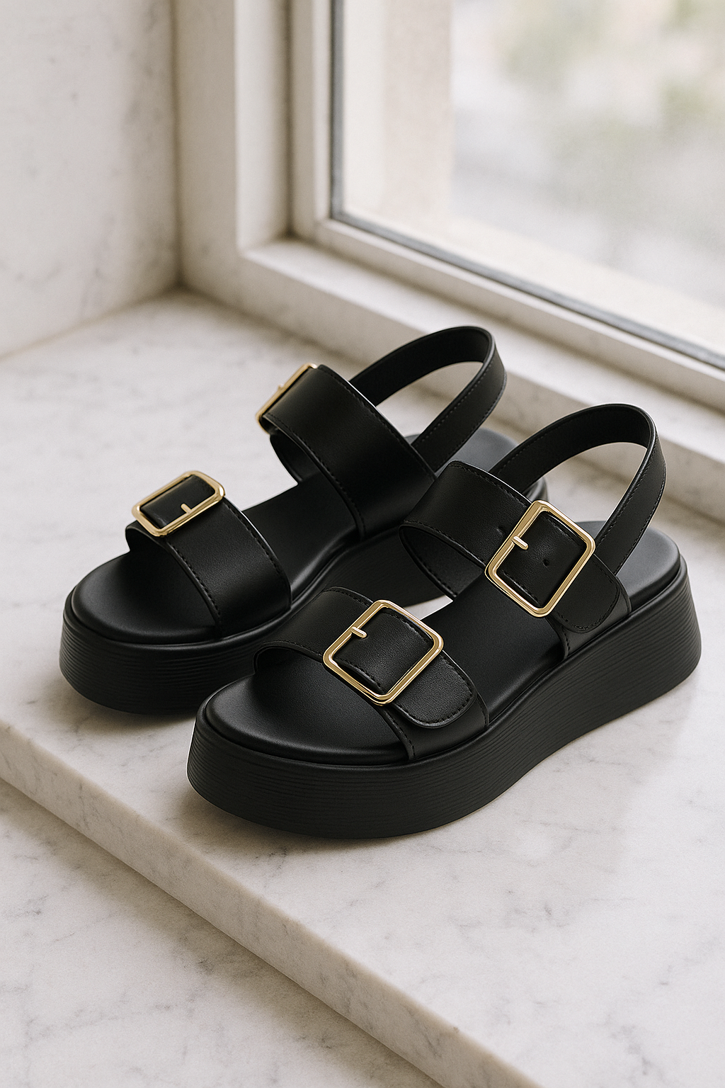 Platform Sandal in Ivory Vegan Leather with Double Buckle Straps and Built-In Supportive Insole