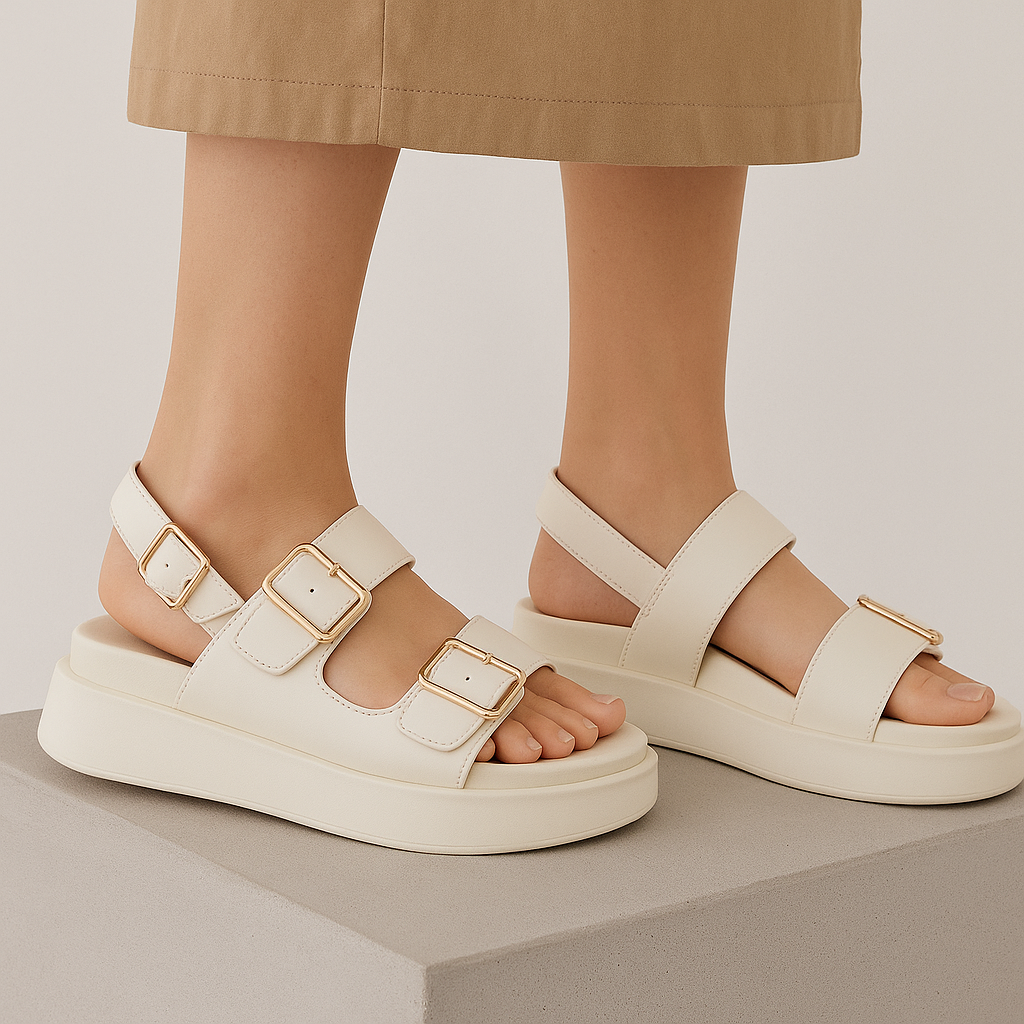 Platform Sandal in Ivory Vegan Leather with Double Buckle Straps and Built-In Supportive Insole