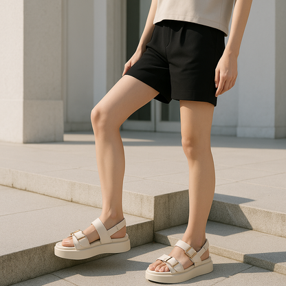 Platform Sandal in Ivory Vegan Leather with Double Buckle Straps and Built-In Orthopedic Insole