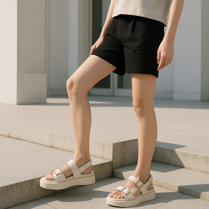Platform Sandal in Ivory Vegan Leather with Double Buckle Straps and Built-In Supportive Insole