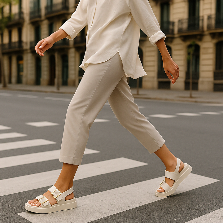 Platform Sandal in Ivory Vegan Leather with Double Buckle Straps and Built-In Supportive Insole