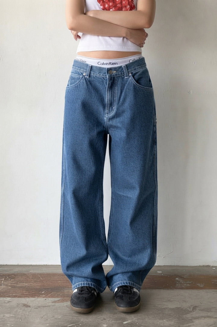 Women's Loose Wide Leg Jeans – Retro Embroidered Pocket Detail