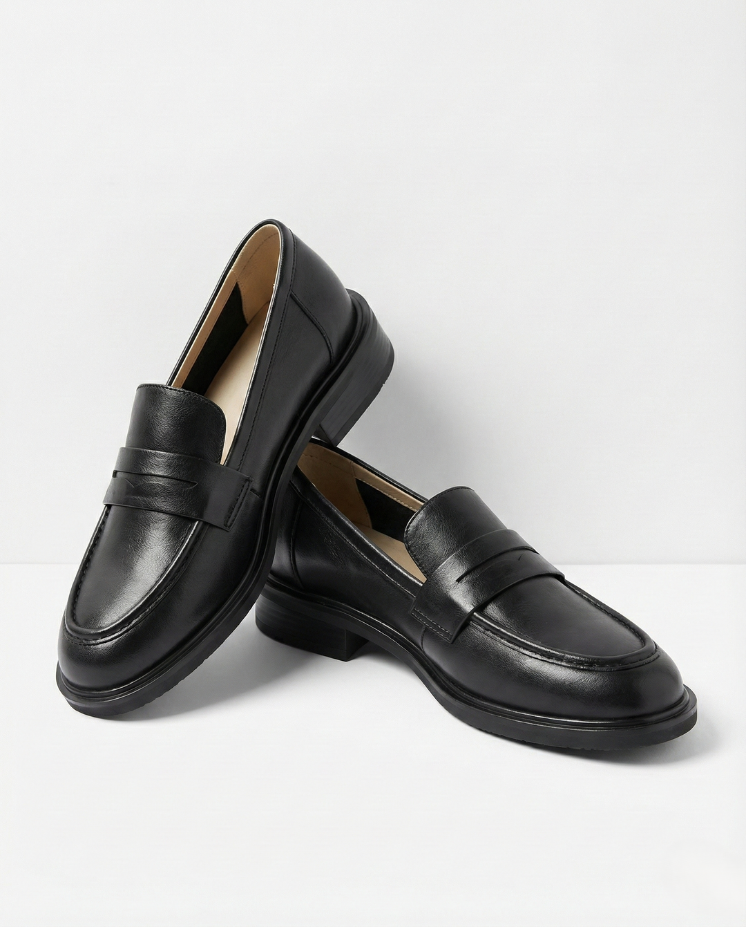Round Toe Leather Loafers with Cushioned Support and Stacked Heel in Olive