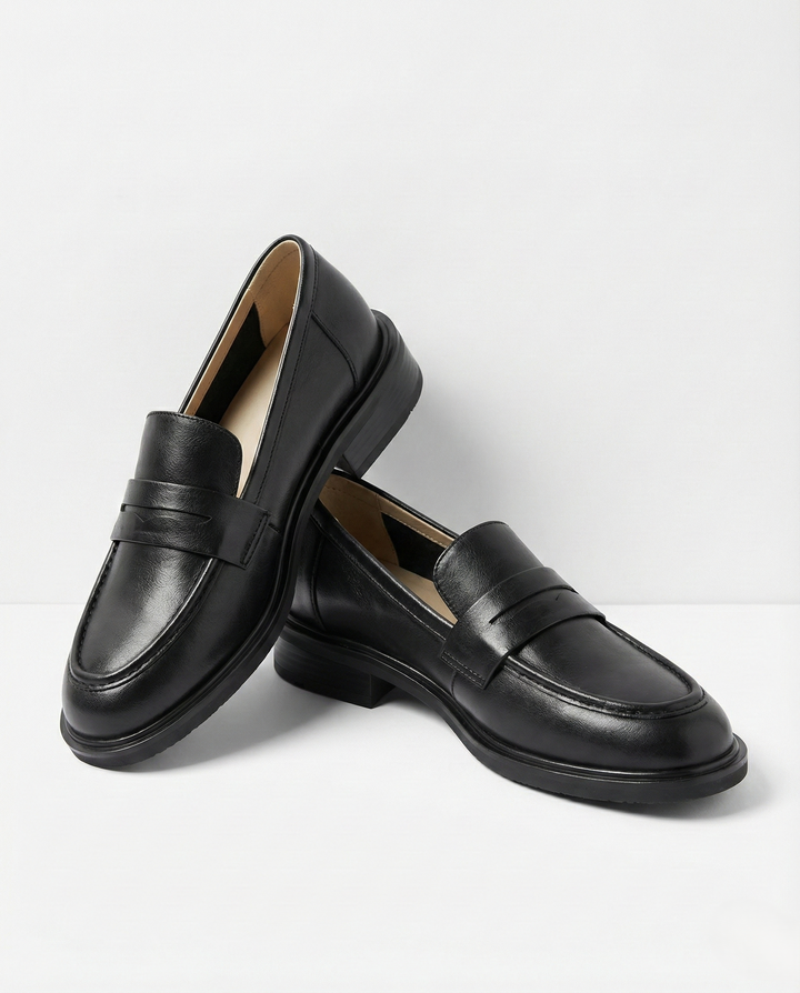 Round Toe Leather Loafers with Cushioned Support and Stacked Heel in Olive