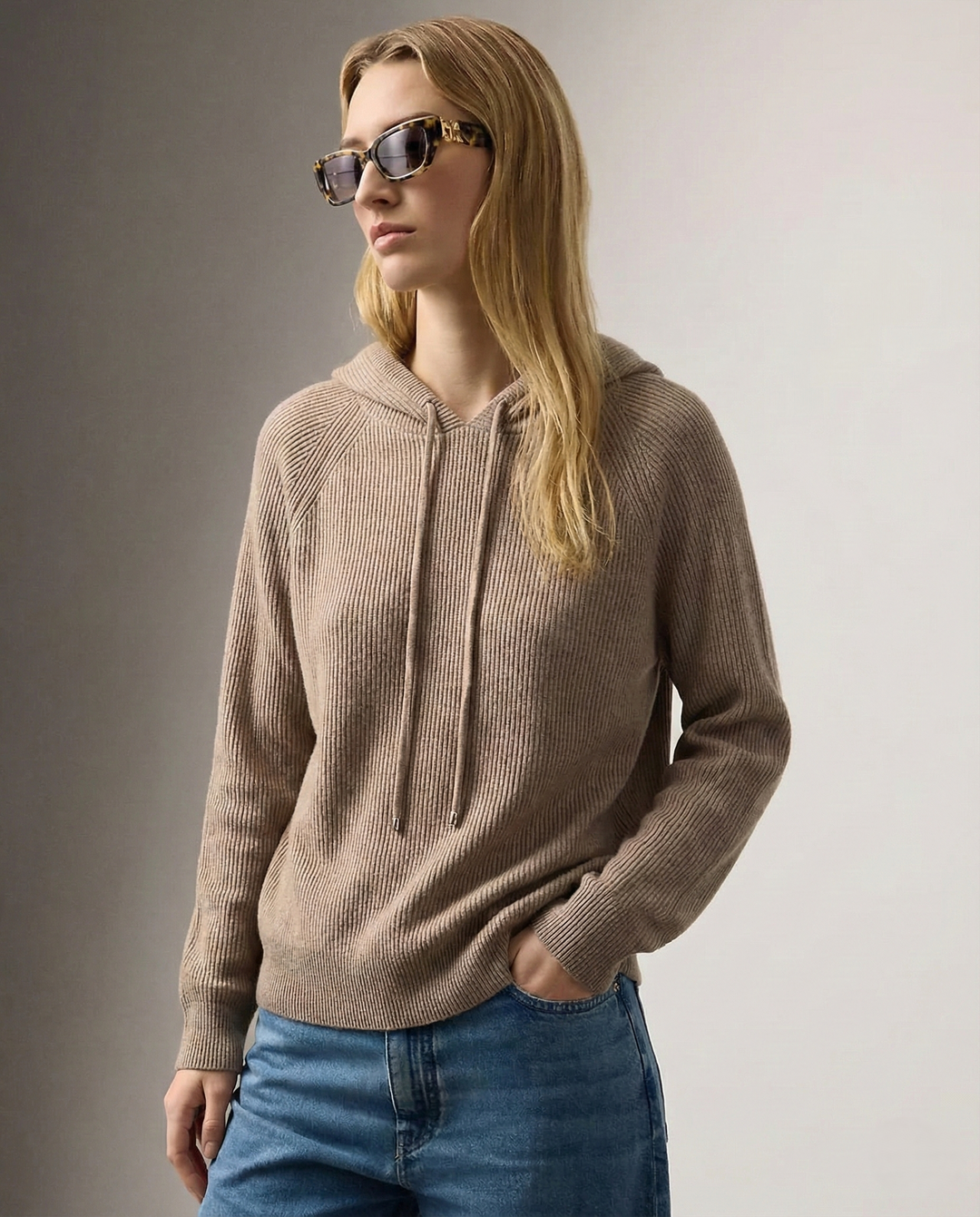 Hoodie in Cashmere and Merino Wool Blend with Relaxed Fit and Adjustable Drawstrings