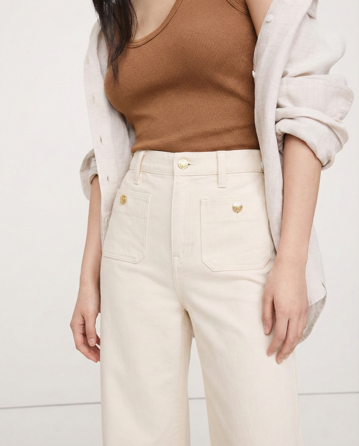 Wide-Leg Jeans with Front Button Pockets, High-Waisted Cypress Cotton Denim