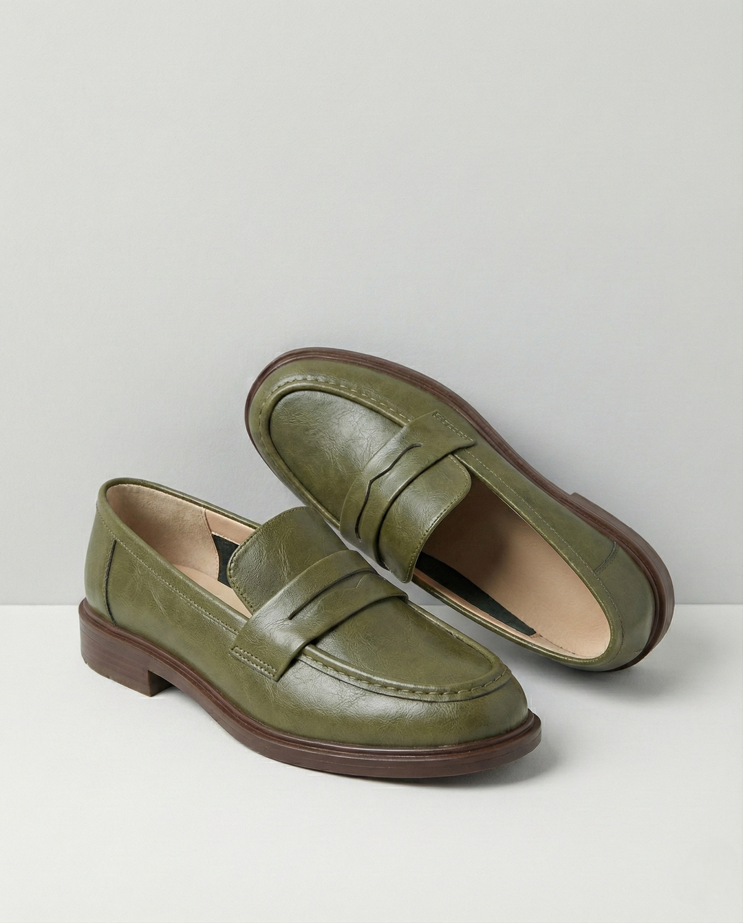 Round Toe Leather Loafers with Cushioned Support and Stacked Heel in Olive