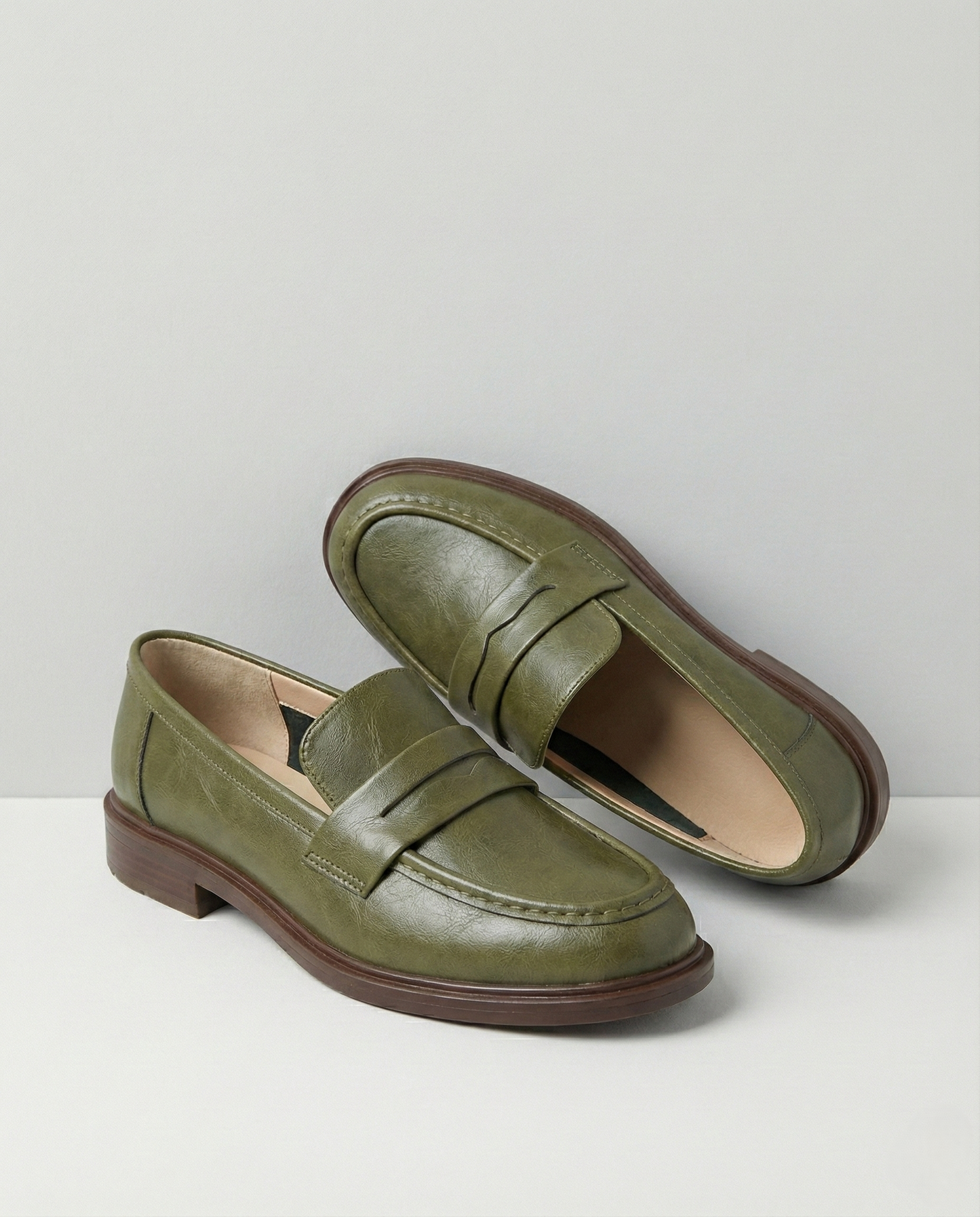Round Toe Leather Loafers with Cushioned Support and Stacked Heel in Olive