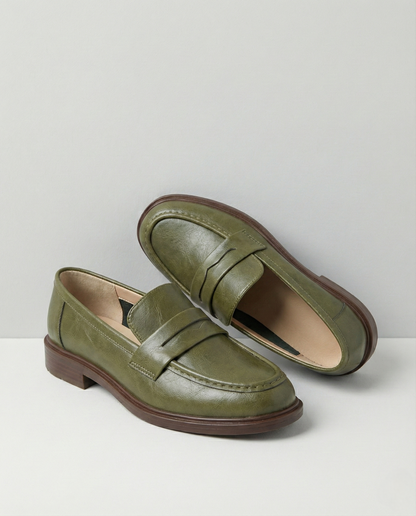 Round Toe Leather Loafers with Cushioned Support and Stacked Heel in Olive
