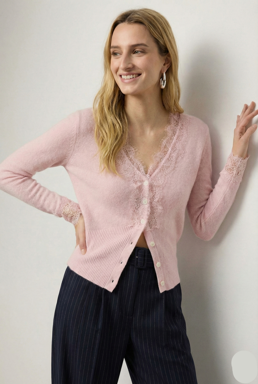 Cashmere Cardigan with Lace-Trim Detail and Relaxed Knit Fit in Khaki
