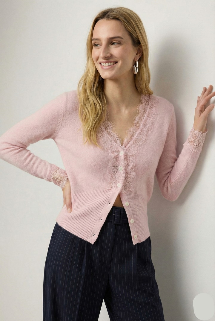 Cashmere Cardigan with Lace-Trim Detail and Relaxed Knit Fit in Khaki