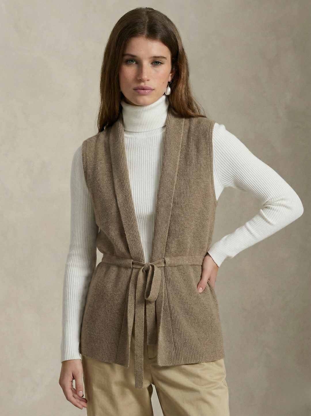 Merino Wool and Cashmere Blend Knit Vest with Adjustable Waist Tie and Slim Fit