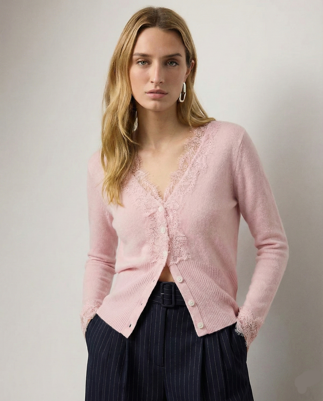 Cashmere Cardigan with Lace-Trim Detail and Relaxed Knit Fit in Khaki