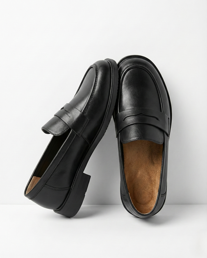 Round Toe Leather Loafers with Cushioned Support and Stacked Heel in Olive