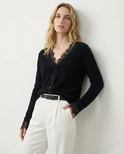 Cashmere Cardigan with Lace-Trim Detail and Relaxed Knit Fit in Khaki
