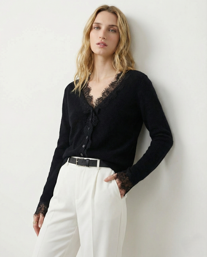 Cashmere Cardigan with Lace-Trim Detail and Relaxed Knit Fit in Khaki