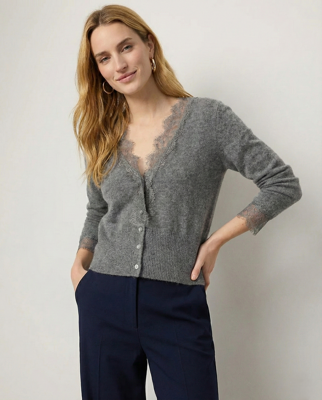 Cashmere Cardigan with Lace-Trim Detail and Relaxed Knit Fit in Khaki