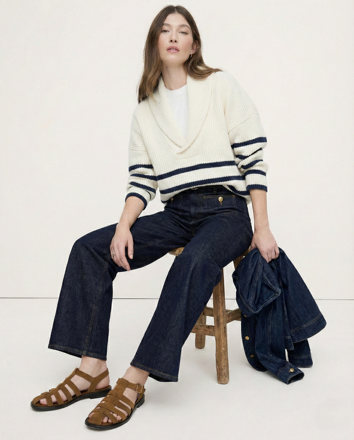 Wide-Leg Jeans with Front Button Pockets, High-Waisted Cypress Cotton Denim