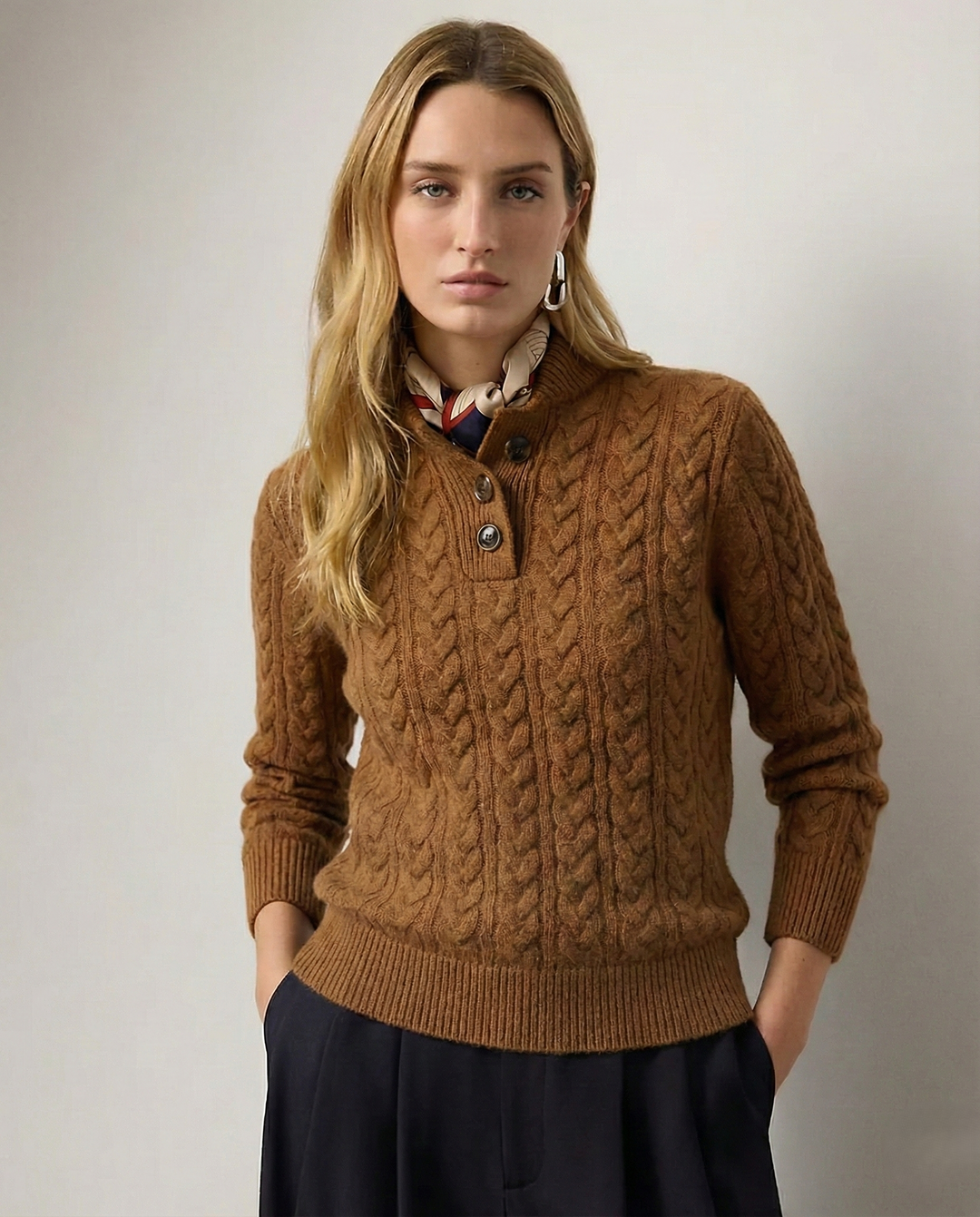 Cable-Knit Sweater with Cashmere Blend, Button-Up Stand Collar and Snug Fit