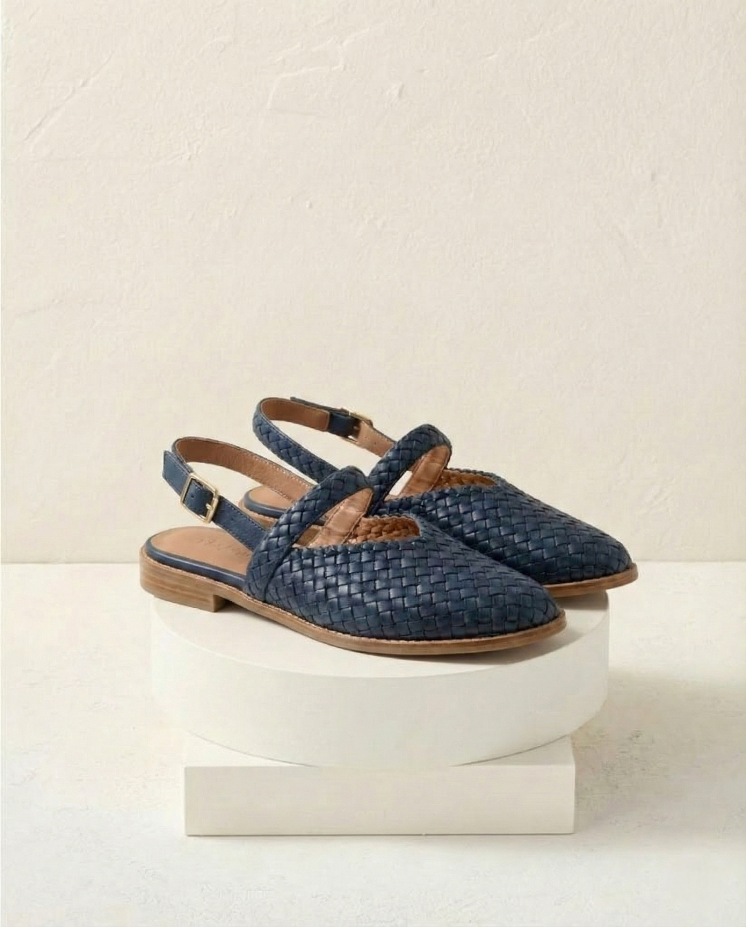 Woven Slingback Flats with Pointed Toe, Adjustable Ankle Strap and Low-Profile Sole, Brown