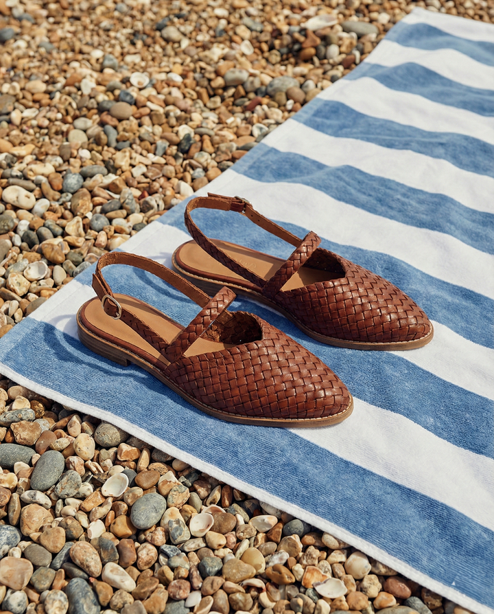 Woven Slingback Flats with Pointed Toe, Adjustable Ankle Strap and Low-Profile Sole, Brown